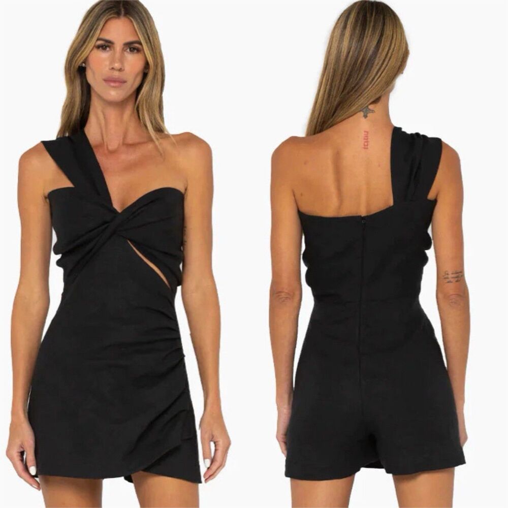 JBQ Women’s Linen Solange Romper in Black Mini Silhouette One Shoulder S